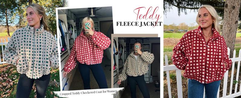 Ommig Women’s Long Sleeve Cropped Sherpa Fleece Plaid Jacket Casual Chunky Teddy Fleece Outerwear