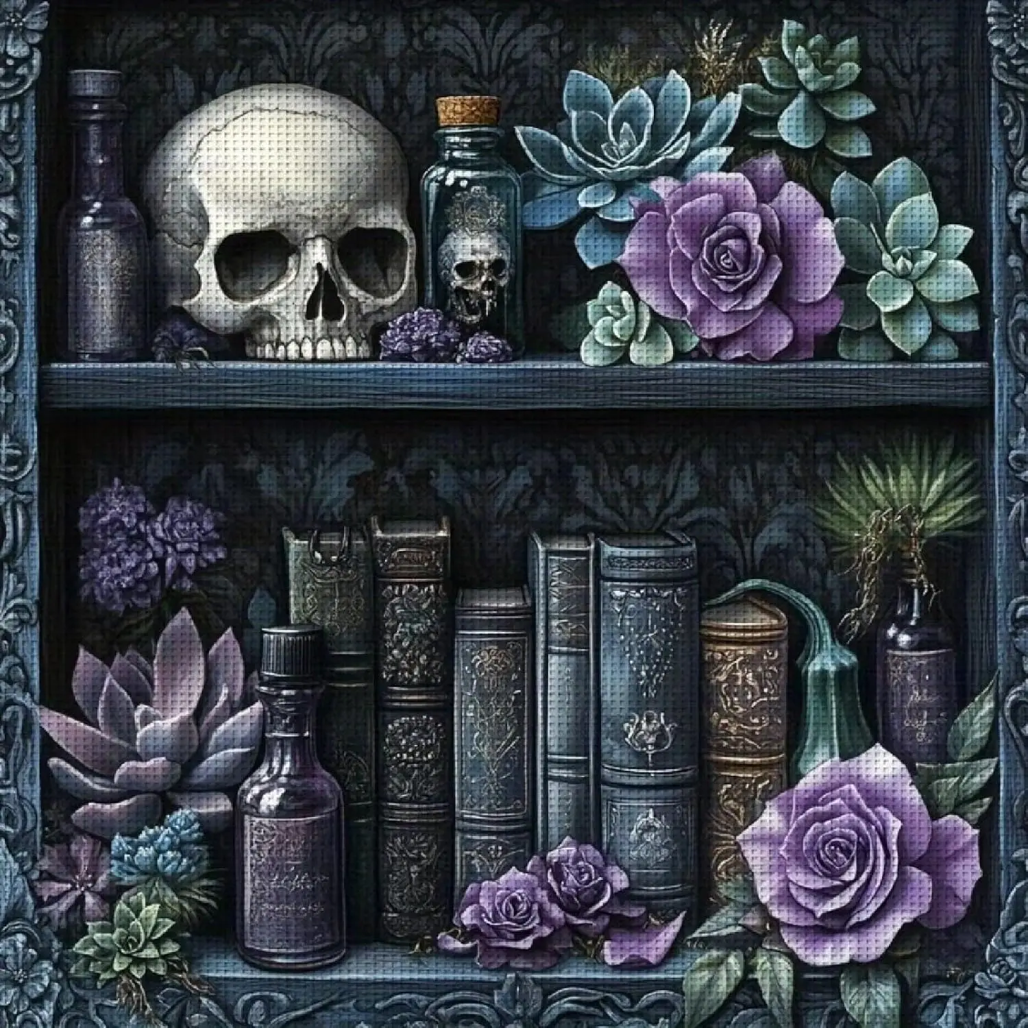 5D Diamond Painting Kit Gothic Bookshelf Still Life Skull Vintage Old Book Purple Rose Succulent Magic Potion Bottle Dark Moody Witchy Crystal Rhinestone Wall Decor Gift