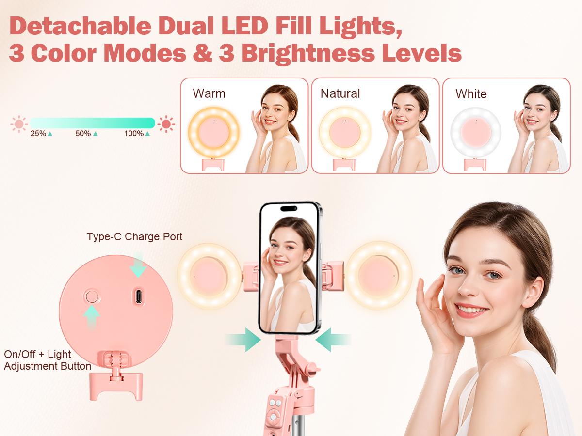 【Hot Selling Gift】360° Rotatable Selfie Stick Tripod, Rechargeable Smart Face Tracking Tripod with 2 Fill Lights, Free your hands，Auto Face Tracking Phone Holder for Vlog、Live Streaming、Rotating Stand、Document your life