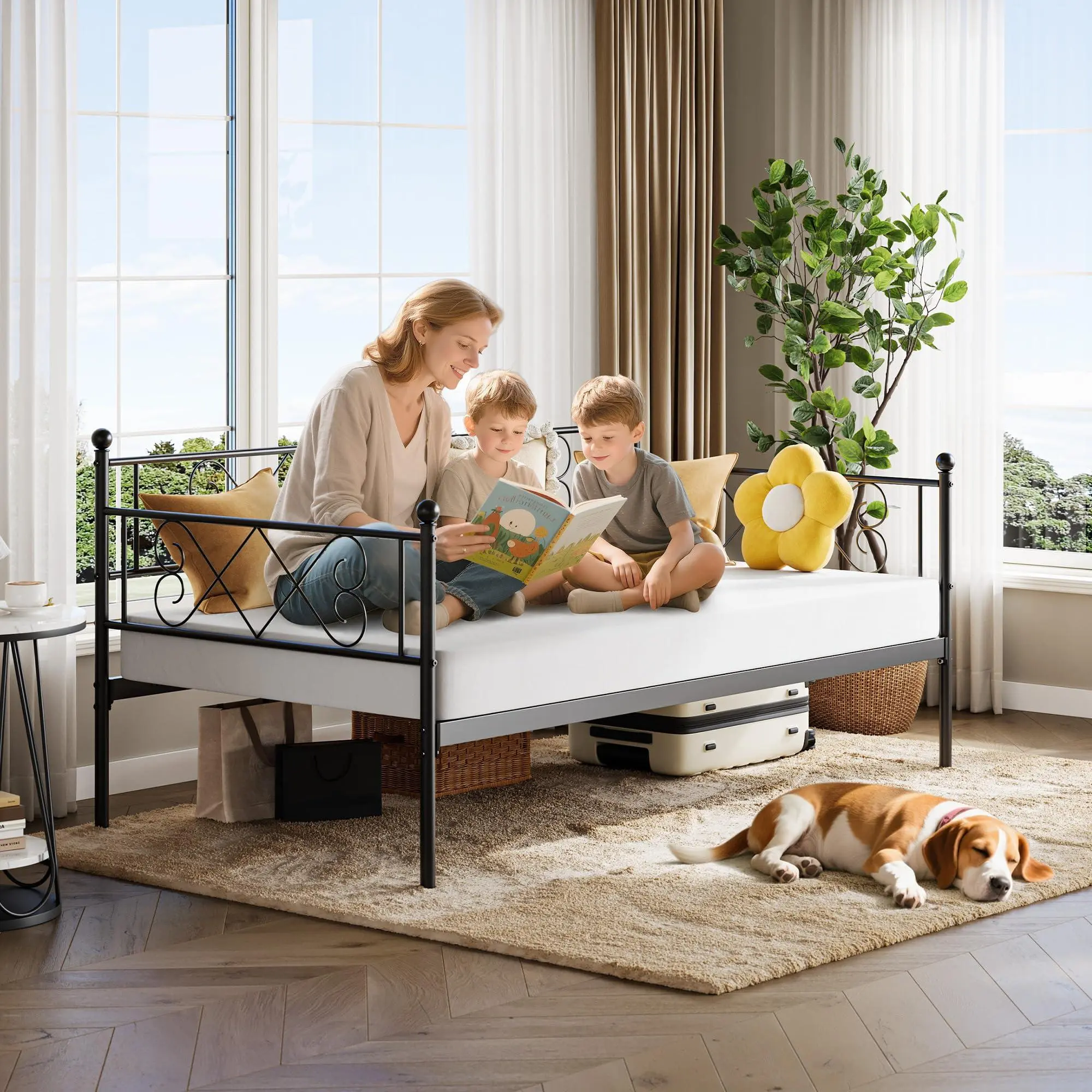 Black Twin Metal Daybed Without Trundle - Modern Platform Bed, Premium Steel Slat Support, Space-Saving Sofa Bed, Portable Indoor Furniture for Living Room, Bedroom
