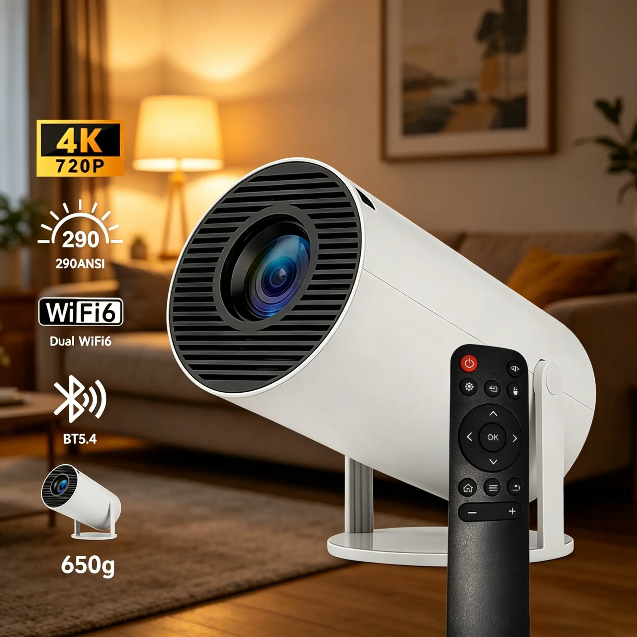 Mini Portable Tabletop Pico FHD Projector - 720P LED, 290 ANSI Lumens, Bluetooth 5.4, WiFi, Android OS, Auto Keystone, 180° Rotatable, 130" Screen, Built-In Speaker, Remote Control, Mount-Compatible, Easy Projector Setup for Game, Home Entertainment, Spac