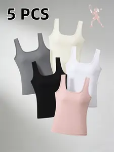 5-Pack Solid Color U-Neck Wide Strap Women's Indoor and Outdoor Court Sports Athletic Tank Tops 90% Polyester 10% Spandex Quick-Drying Breathable Stretchy Fit