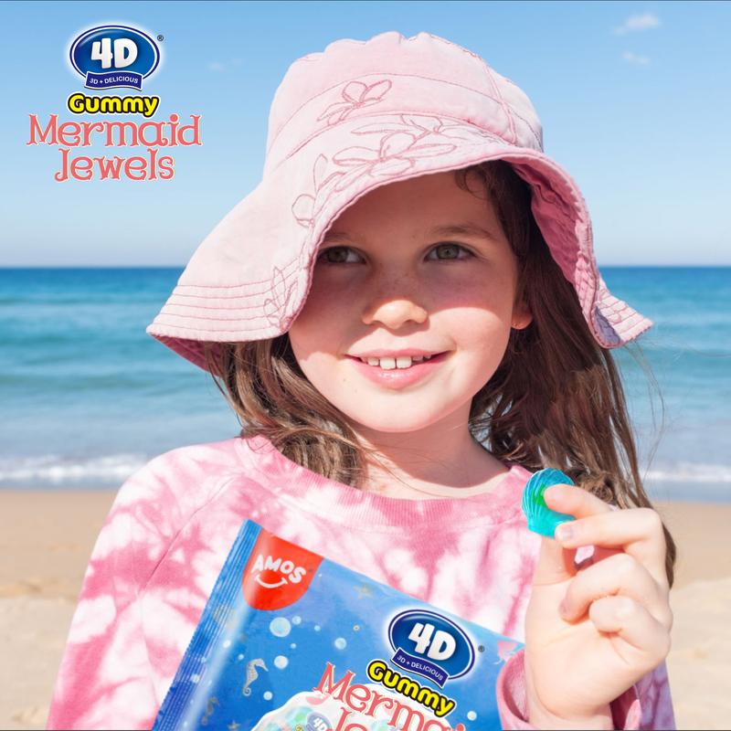 Amos 4D Gummy Mermaid Jewels - Blue Raspberry Flavor, Jelly-Filled Chewy Fruit Snacks, Gluten-Free, Resealable Bags, Healthy Exotic Sweet Treats - Bite