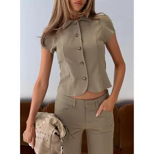 Maorah Button Up Tailored Collared Blouse Top Taupe
