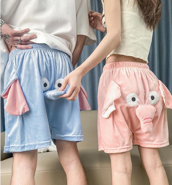 Squeaky Cute Funny Flying Elephant Sleep Shorts | Couple Piggy Lounge Pants | Ugly Fish Squeaky Noise Casual Loungewear (Unisex) Fabric Pajama Nightwear Womenswear Bottoms Fleece Fleece Outdoor Polyester Style