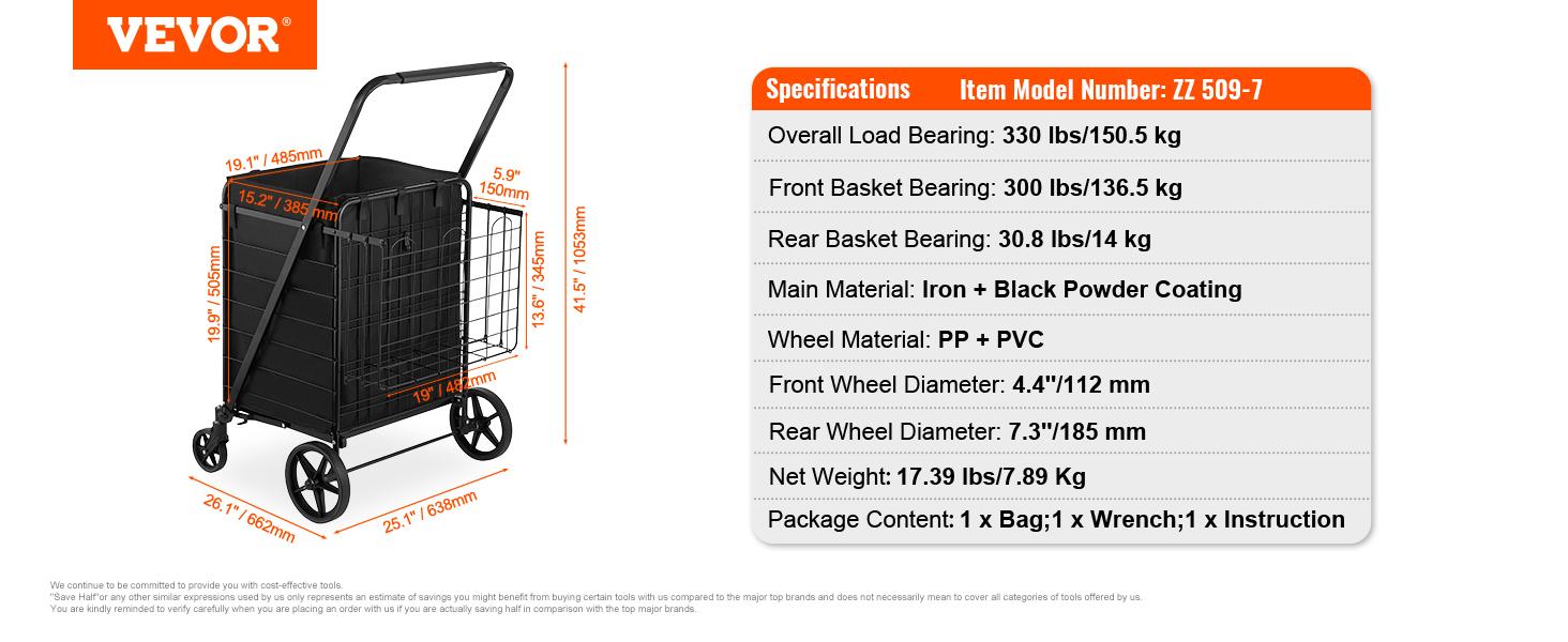 VEVOR Folding Shopping Cart with Removable Waterproof Liner, TikTokShopBlackFriday, Max 330LBS Large Capacity Jumbo Grocery Cart with Dual Basket, 360° Swivel Wheels, Dense Metal Mesh Base, Heavy Duty Utility Cart