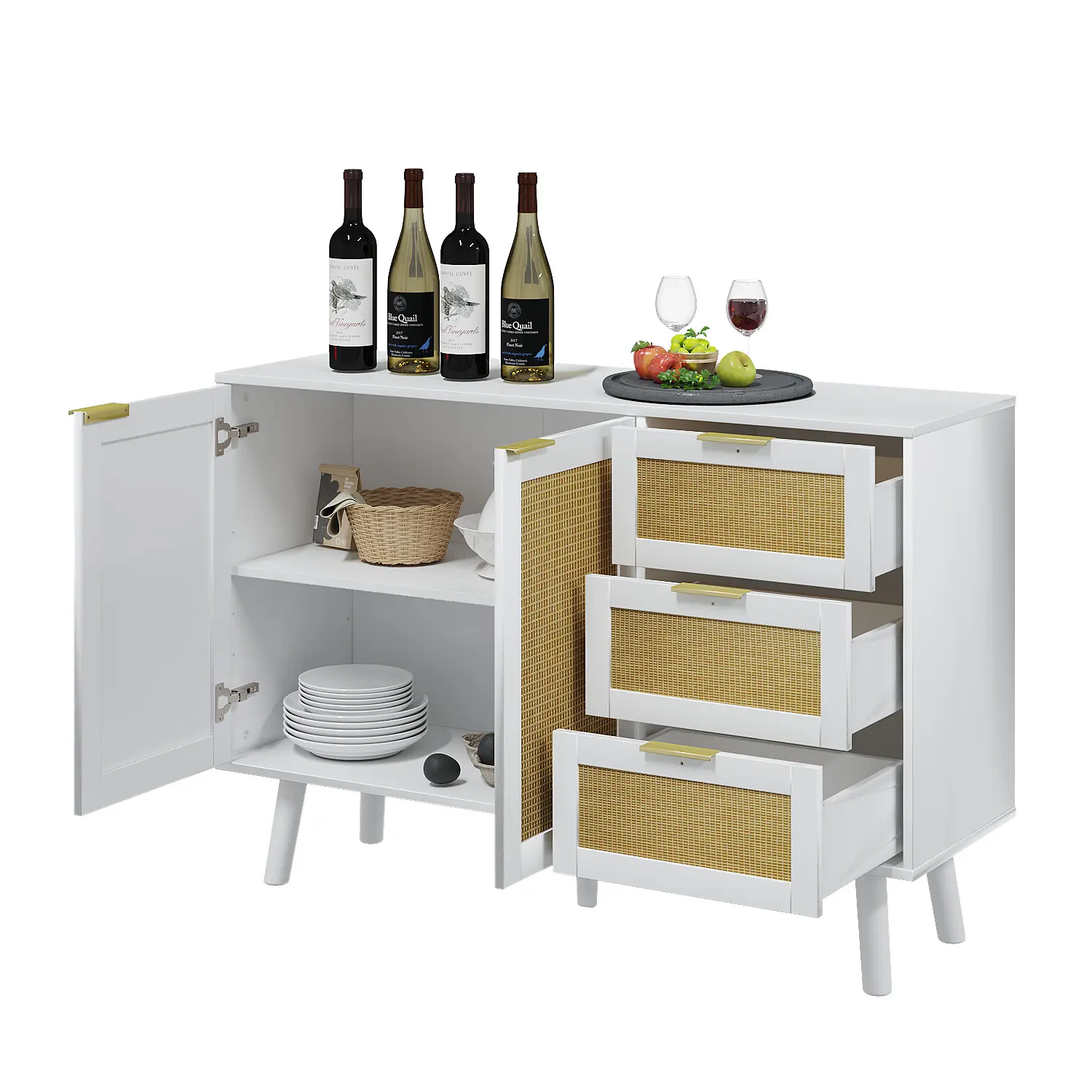 Freestanding Wood Rattan Dresser - Durable Storage Furniture, Buffet Cabinet with 2 Rattan Doors, 3 Drawers, Adjustable Shelf, Easy-to-Read Instructions, Assembly Required for Kitchen, Living Room