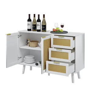 Buffet Storage Cabinet with 2 Rattan Doors & 3 Drawers Kitchen Sideboard with Storage Freestanding SideCupboard Pantry Adjustable Shelf for Bathroom Living Room Entryway Hallway