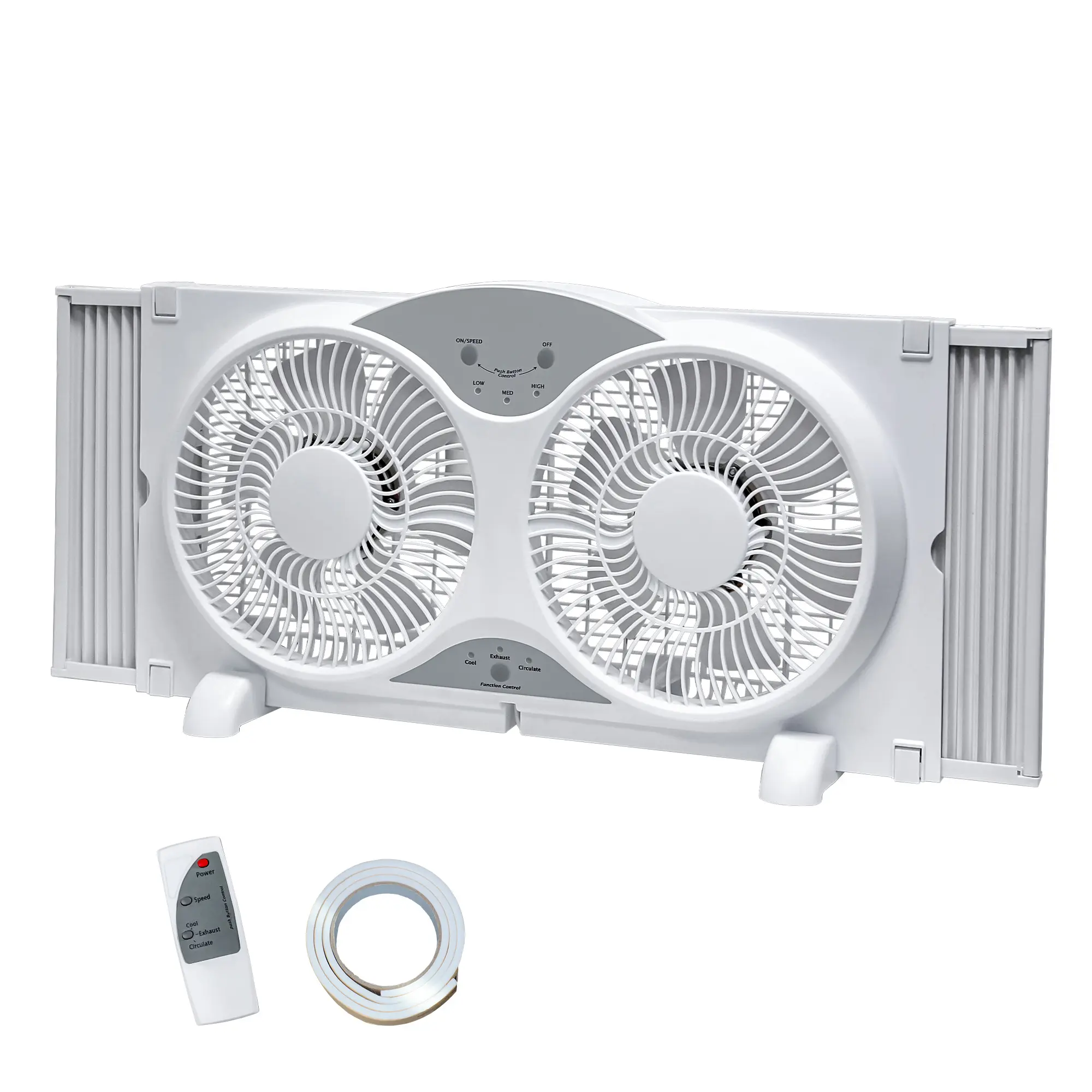 9-Inch Twin Window Exhaust Fan - Household Ventilation & Cooling Fan with Reversible Airflow, Remote Control, 3-Speed Control, Adjustable Side Panels, Foam Seal Included, Tri-Mode Ventilation, 23.5"-37" Expandable Width for Home Bedroom