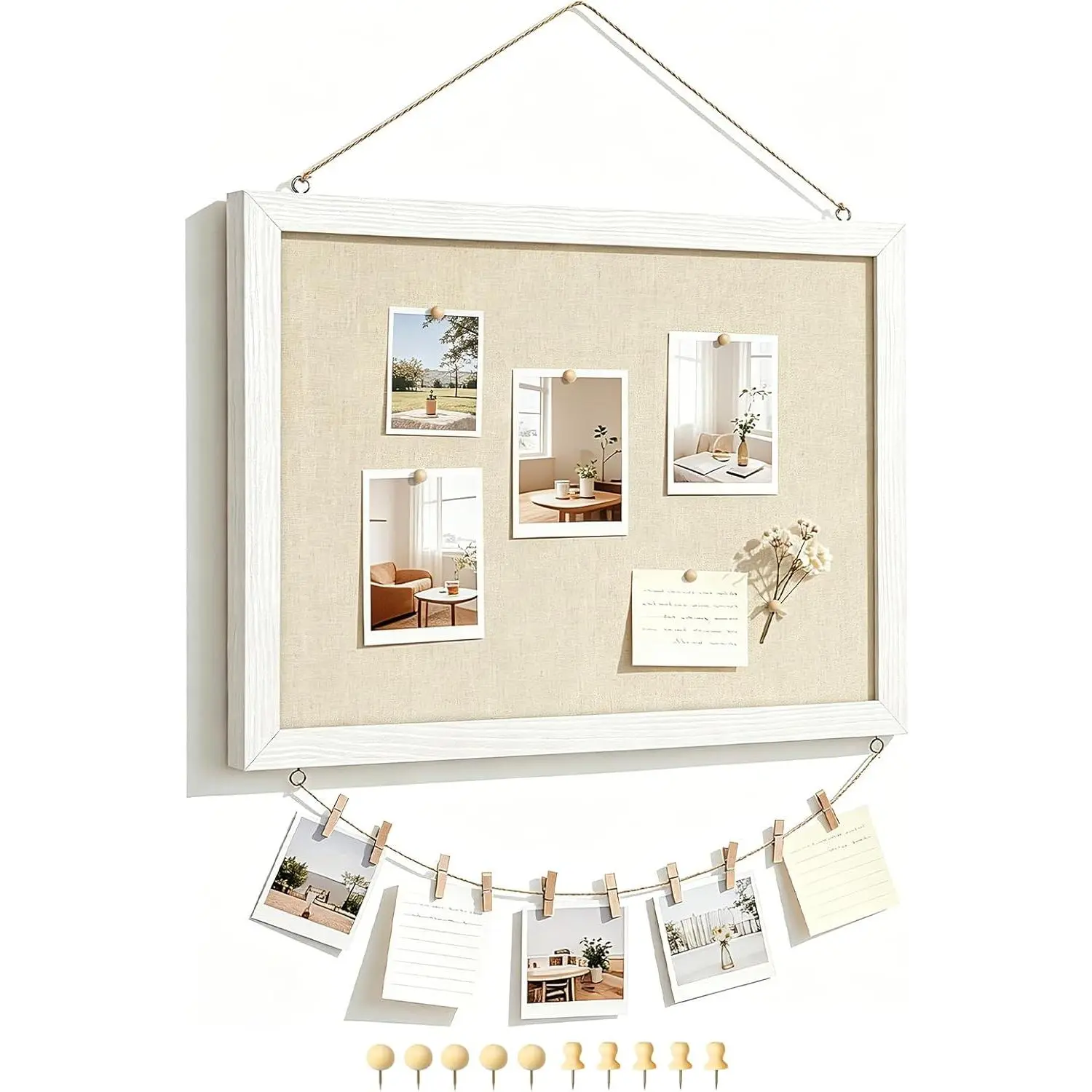 16"x12" Double-Sided Linen Cork Bulletin Board with Wood Frame, Decorative Wall Memo Pin Board for Home & Office, Home Supplies Includes 10 Pushpins