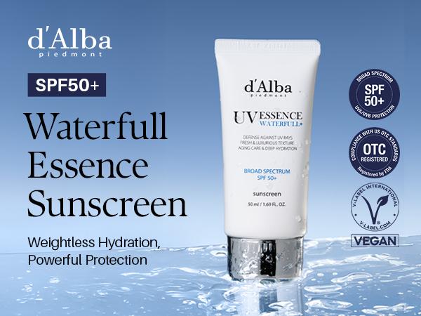 [OFFICIAL d'Alba] Waterfull UV Essence Sunscreen - Lightweight SPF 50+ PA++++ Vegan Sun Care & Facial Moisturizer (1.69 fl oz) Moisture Skincare