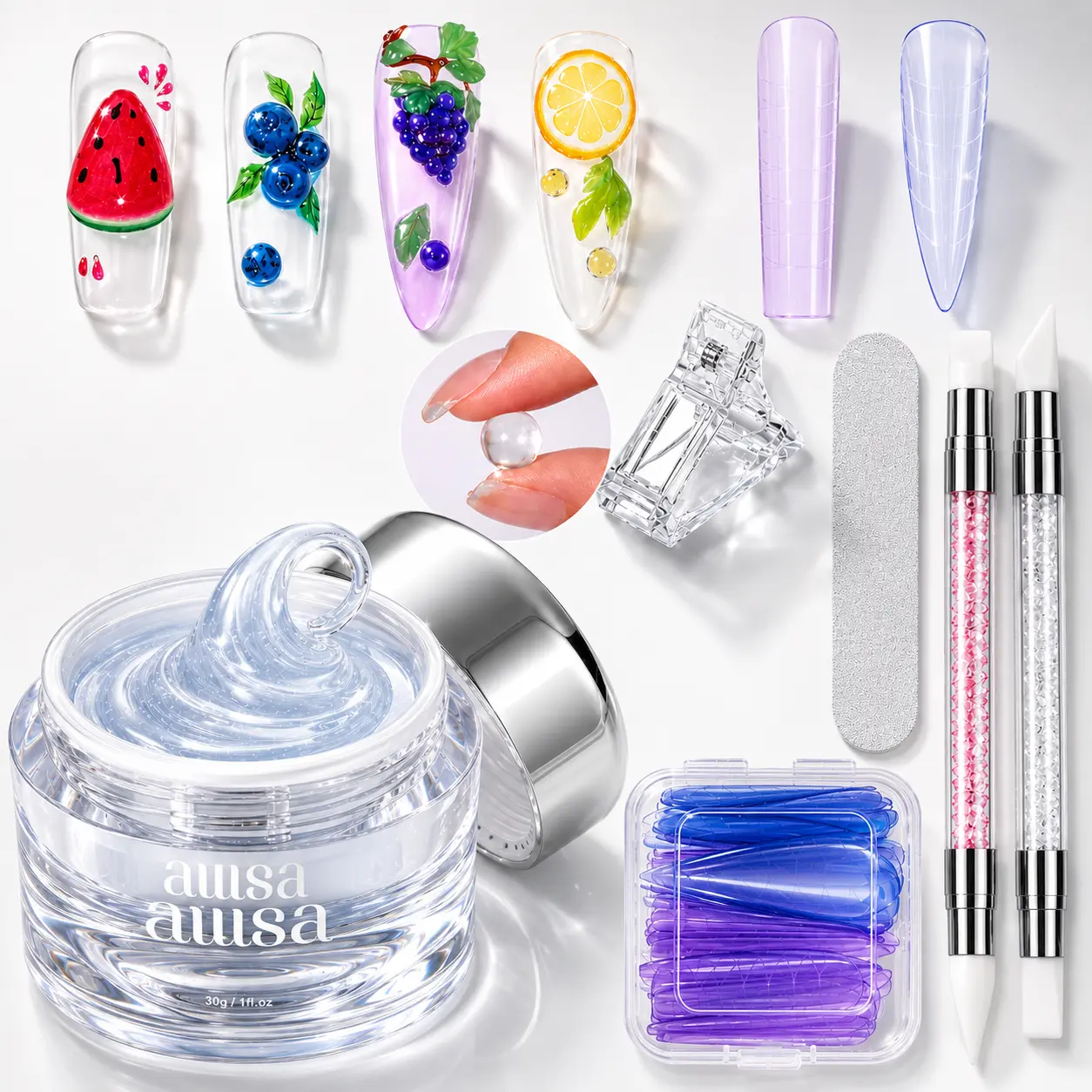 AILLSA Solid Builder Gel Nail Kit, 30g Non-Stick Hand Extension Gel with Dual Forms & Silicone Brushes, All-in-One Hard Gel Easy DIY Summer Nails Salon Manicure Starter Set for Beginners