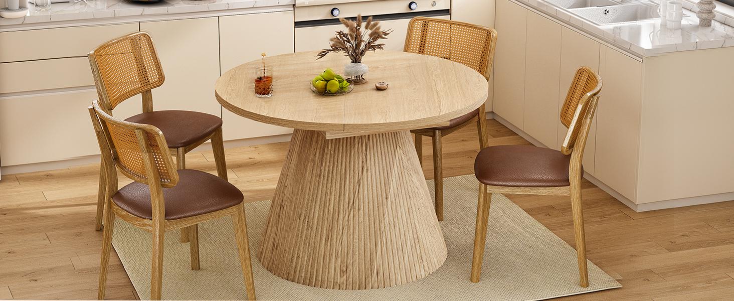 Giratree 43.3"–59" Expandable Round Dining Table for 4–8, Space-Saving Oval Dining Table with Detachable Leaves, Modern Transformer Table with Fluted Pedestal Base for Kitchen & Dining Room