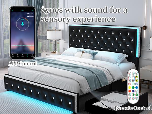 Sibeds Full LED Galaxy Bed Frame Set, Modern Smart Upholstered Platform Bed with Storage Drawers, Crystal Button Tufted Headboard, Solid Slat Support, Noise-Free, No Box Spring Needed, PU & Velvet, Black/White/Gray/Beige