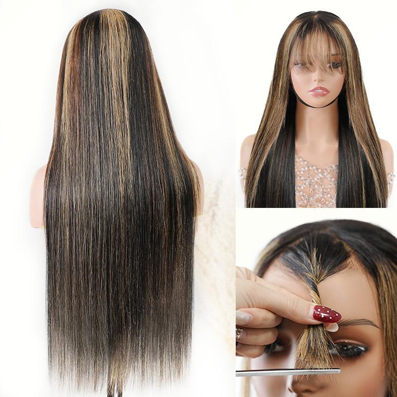 [30” Only $109.99] Menglle Hair Honey Blonde highlight 13x4 Long Straight With Bangs Glueless Human Hair Lace Front Wig Burgundy Silky Straight Lace Wig Easy Wear 180% Density#greenish#TikTokShopSpringGlowUp