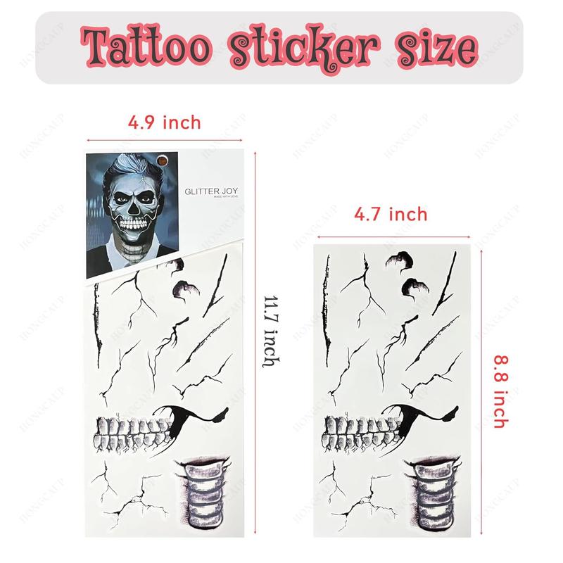 Fake Zombie Face Tattoos & Day of Dead Skull Stickers - Halloween Makeup Kit Accessories, Temporary Tattoo for Costume Prank, Women Men, Realistic Scar Wounds FX (3 Sheets)