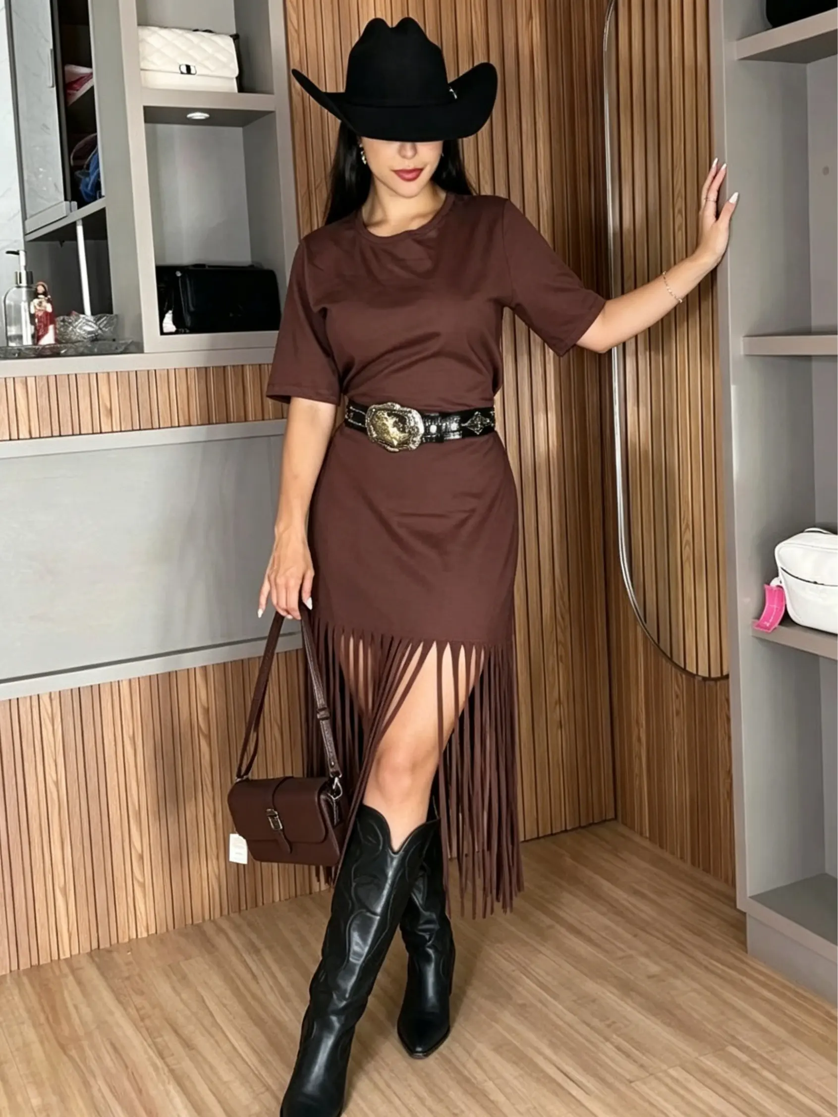 Womens Western Fringe T Shirt Dress Brown Short Sleeve Tassel Hem Mini Dress Country Concert Outfit Cowboy Cowgirl Nashville Outfit Rodeo Dress