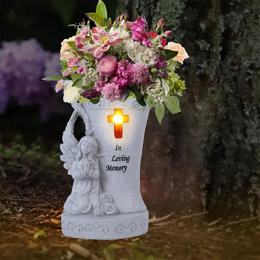 White Religious Heaven Angel Wing Cross Synthetic Figurine - Solar LED Light Resin Vase Ornament, Graveyard Bereavement Memorial Gift for Relatives (Figurines, Statues & Bobbleheads Category)