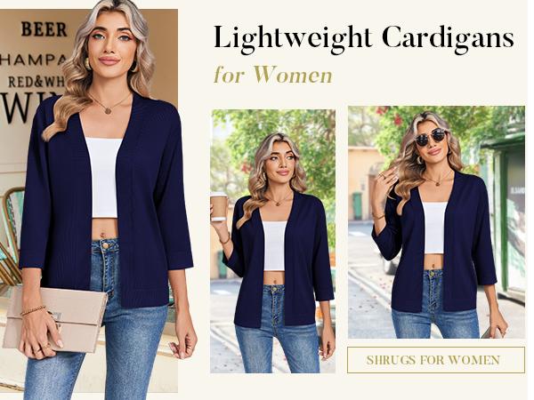 Women's 3/4 Sleeve Open Front Cropped Knit Cardigan Sweater Casual Bolero Shrugs for Dresses Summer Outfits Minimalist 2026 lightweight Breathable Clothes for Casual Office Summer Layering Cover Up Women's Tops