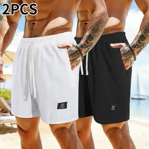 Pack of 2 men’s casual corduroy shorts, solid color, side pockets, elastic drawstring waistband, suitable for everyday wear and vacations