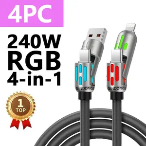 4 Pack 4 in 1 Multi-Function USB Charging Cable, Colorful RGB lighting effect, universal for multiple devices- Fast Charging & Data Transfer, USB A + Type C for iPhone, Samsung, Macbook & Tablets