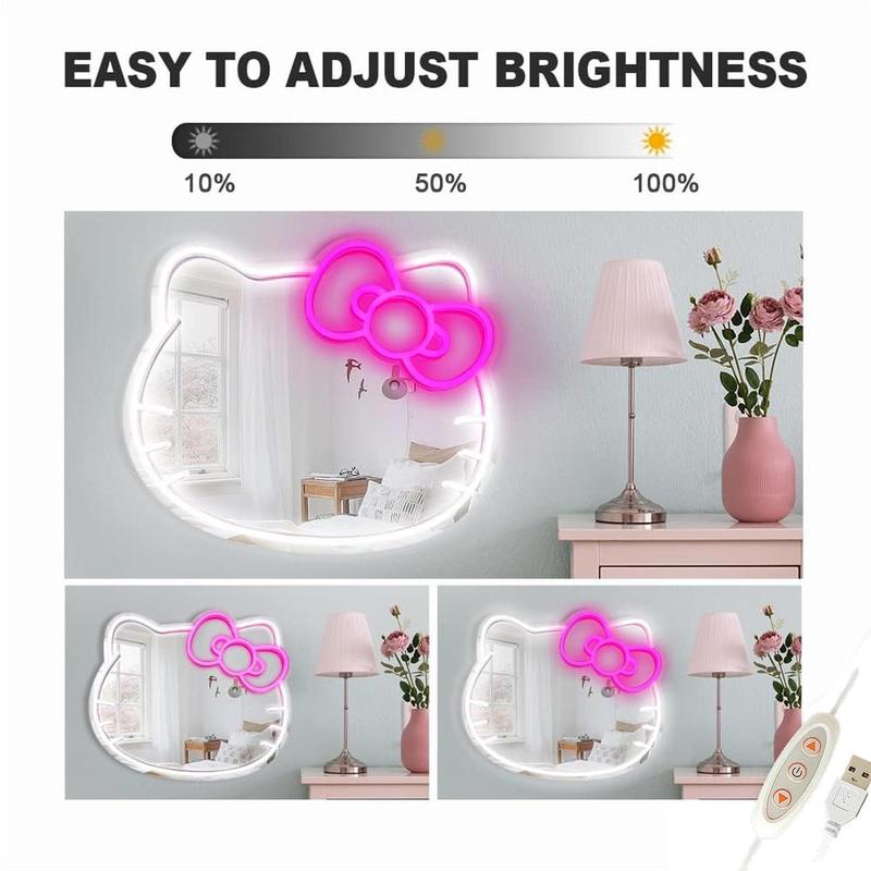 【FaddishDeal】Kitty face Home Decorative mirror ,Anime Neon Sign for Dresser, Locker Room,Living Room, Neon，Light up Acrylic Mirror with Dimmable Interior Led Pastel，