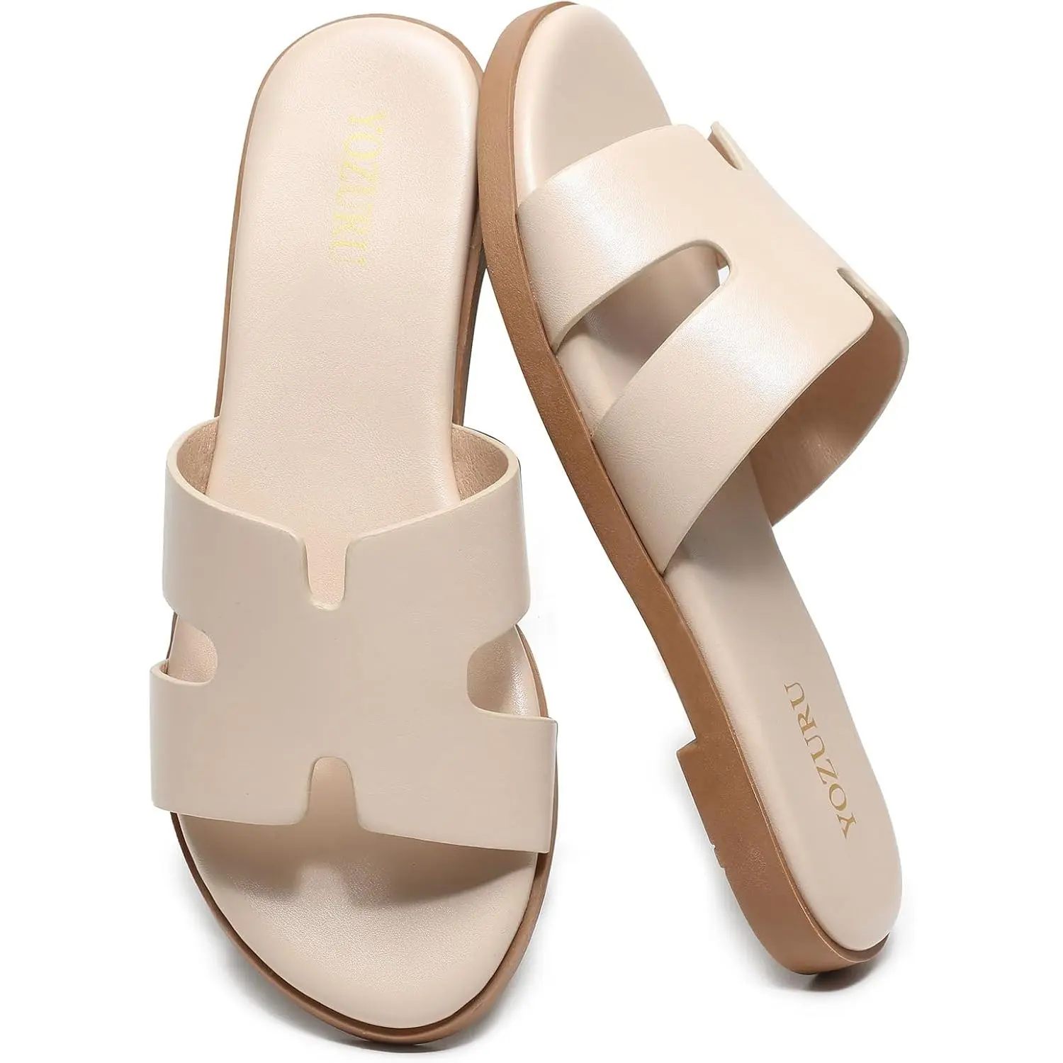 Womens Flat Sandals Open Toe Dressy Summer Sandals Comfortable Casual Slip on Leather Slides Sandals for women