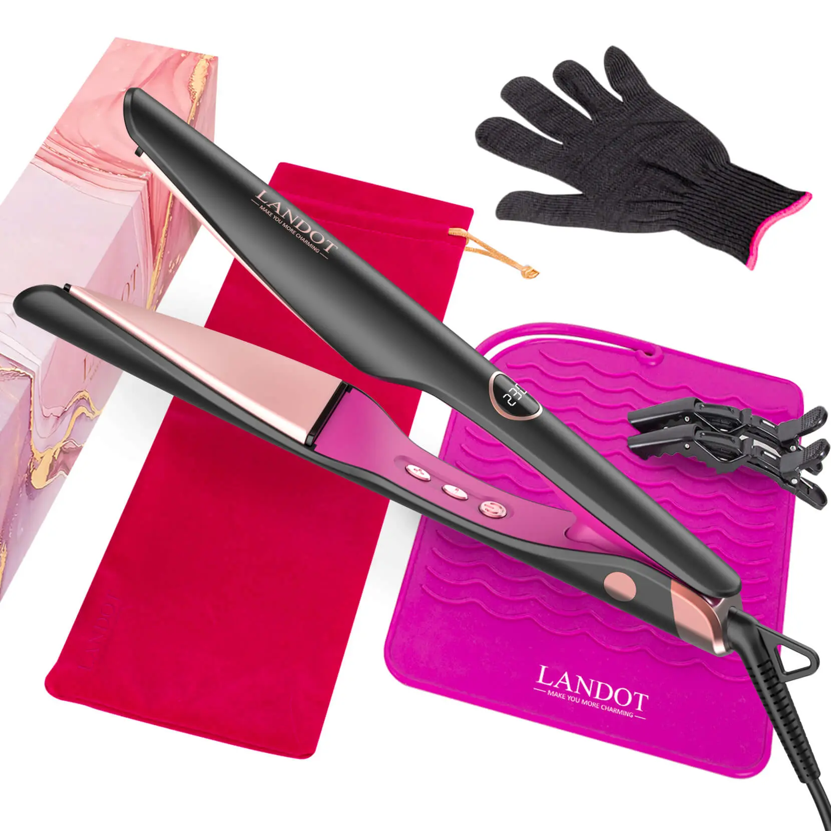 LANDOT 2-in-1 Hair Straightener & Curler Tool - Titanium Ceramic Ionic Flat Iron Styler, Dual Voltage, 12 Temps (250-450°F), Anti-Frizz, Heat-Resistant Silicone Mat for Silky Straight & Easy Curls All Hair Types, Curling Irons, Silky Straight Hair