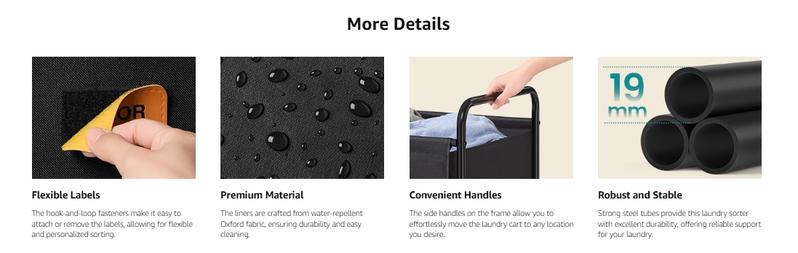 SONGMICS Laundry Hamper with Wheels, 3-Section Laundry Sorter, 44.9 Gal. Capacity, Portable Laundry Cart with 5 Labels