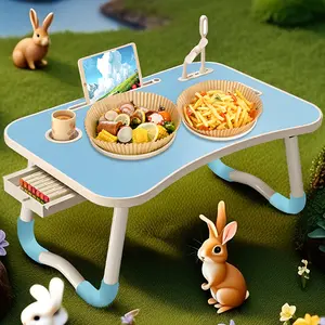 Multi-Function Leg Rest Tray Table with Cup Holder, Drawer, USB Fan & Light - Portable Folding Laptop Bed Desk for Breakfast, Reading, Writing on Bed/Sofa/Recliner