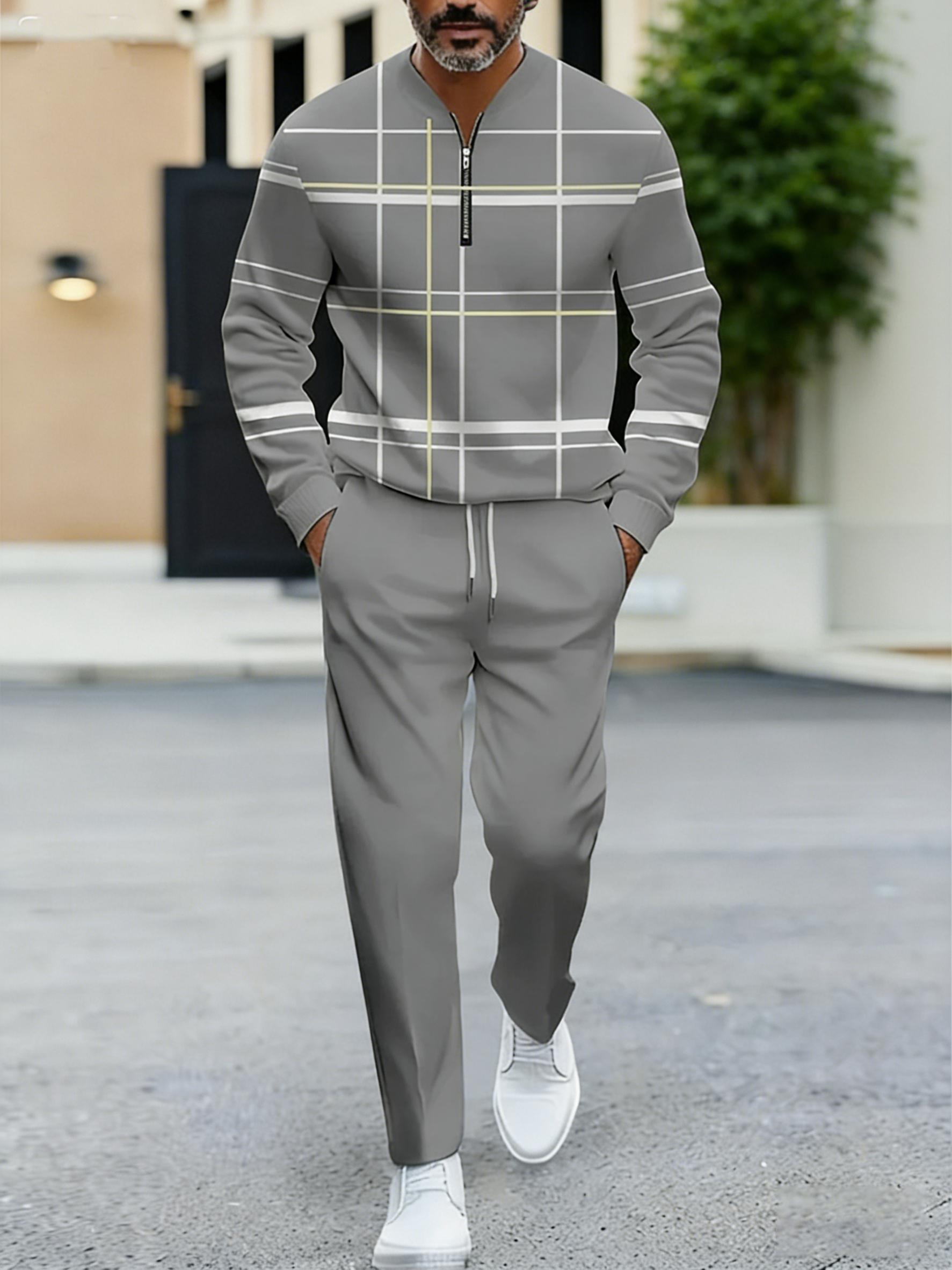 Men's 2-Piece Lightweight Business Casual Sportswear Set, Plaid Pattern Light Blue Half-Zip Top, Contrasting White-Yellow Plaid Matching Pants, Ideal for Urban Commuting & Office Leisure