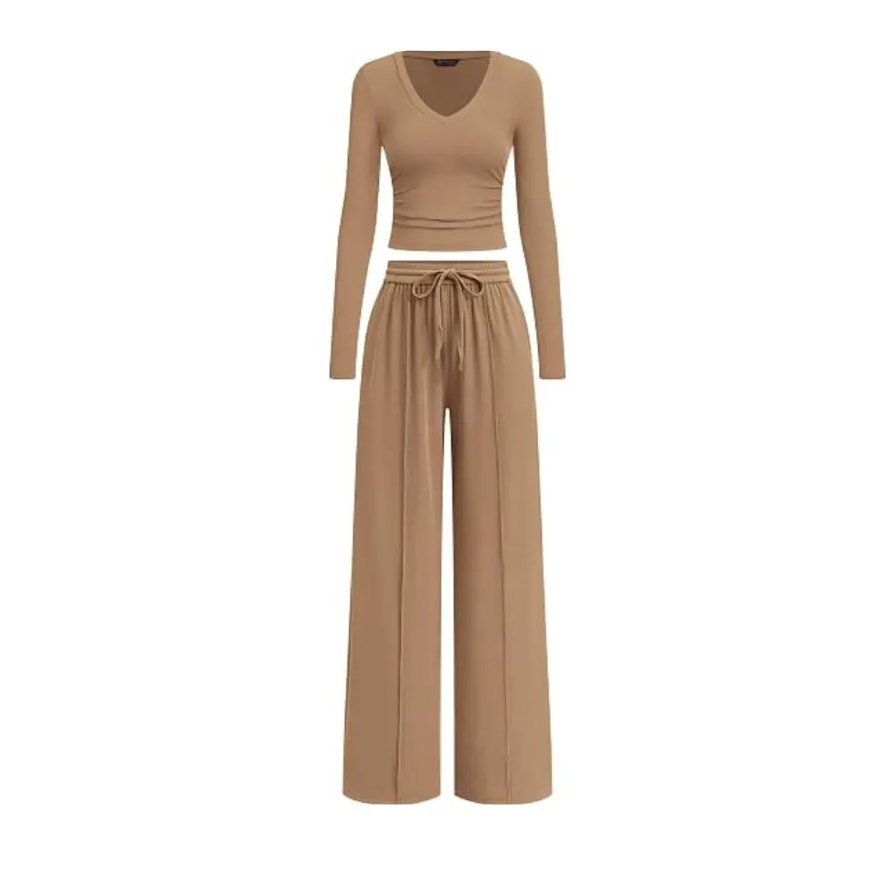 PRETTYGARDEN Women's 2 Piece Lounge Sets Matching Clothing | V Neck Long Sleeve Tops, Wide Leg Pants Pockets, Airport Travel Outfits, Soft Ribbed Knit, Drawstring Waist, Fall Resort Wear