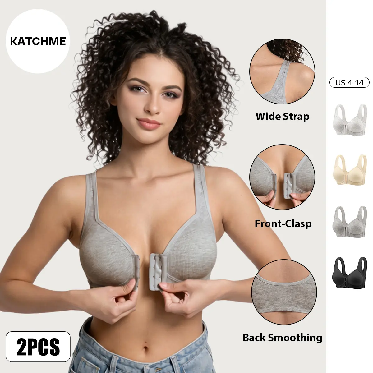 KatchMe Women's Versatile 2 Piece Solid Color Wide Strap Front-Clasp Wirefree Bra, Soft Full Coverage Push-Up Bra, Minimalist Back Smoothing Bra
