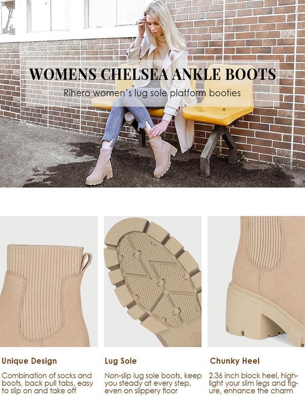 Athlefit Womens Chelsea Ankle Boots Elastic Slip on Lug Sole Platform Chunky Heel Booties Shoes boots  women Footwear Comfort Beige Girl