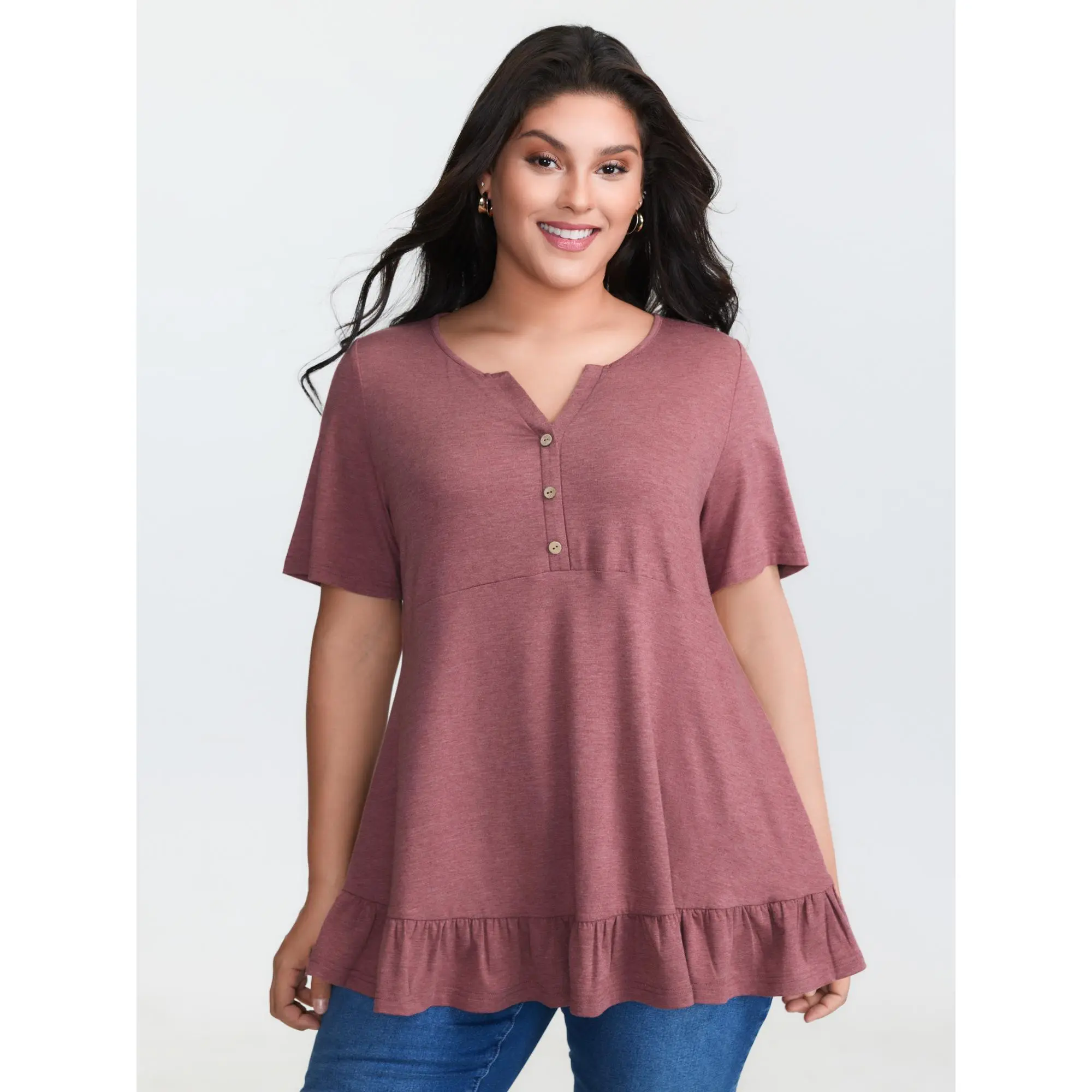 【Summer Turn-Up】BLOOMCHIC Plus Size Supersoft Stretchy Ruffled Hemline Button T-Shirt [M-6X] 2026 Summerfinds  Fit Womenswear,Summerfinds,summeroutfits,vacationoutfits,beachoutfits