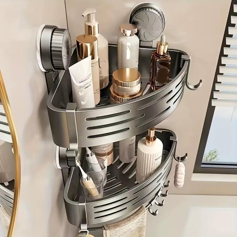 No-Drill Triangular Bathroom Storage Shelf with Strong Suction Cup and Multi-Use Hooks for Space-Saving Organization NONE