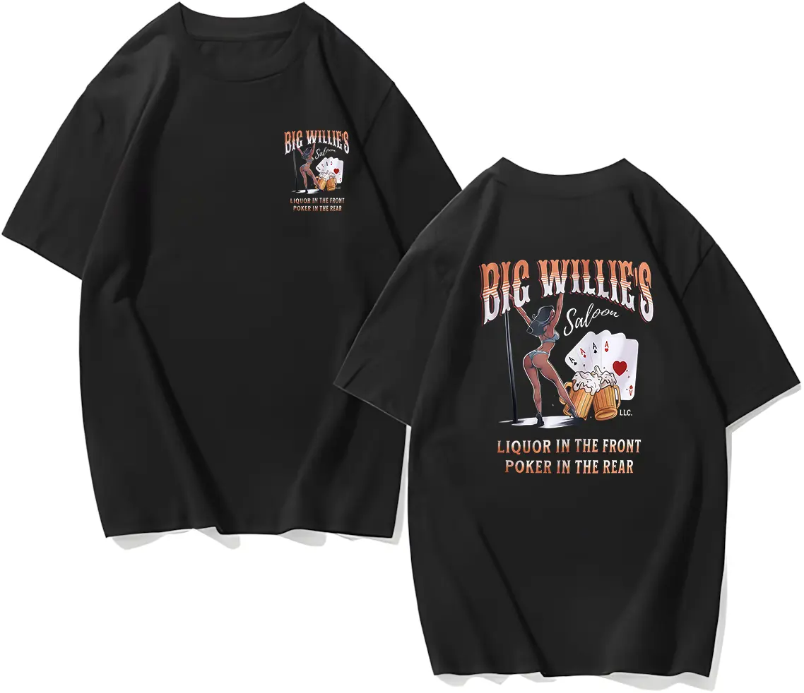 Big Willie's Saloon T-Shirt - Casual Short Sleeve Top with Graphic Design Featuring Poker and Liquor