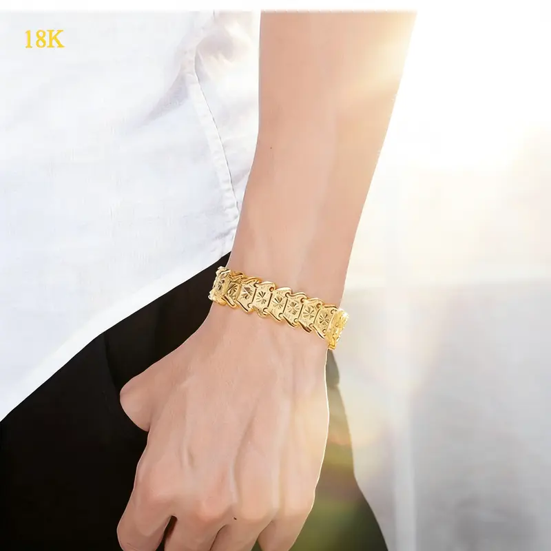 18K Gold Wide Band Coin Classic Bracelet - 12mm Elegant Allergy-Proof Safe Metal Gold Bangle, Daily & Party Fashion Jewelry Accessory, Ideal Gift
