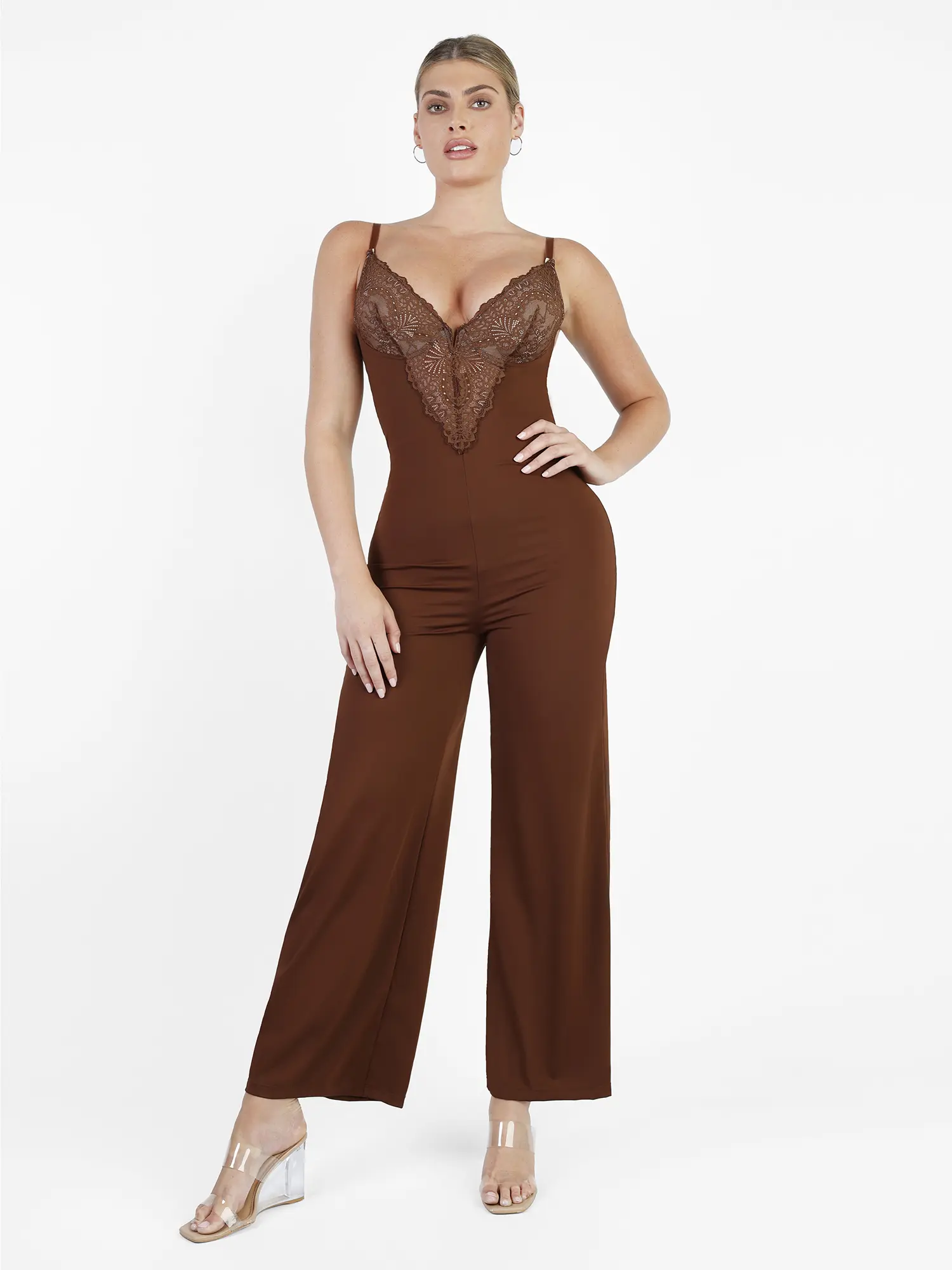 Popilush Lace Built-In Shapewear Maxi Jumpsuit Deep V-Neck Tummy Control Wide-Leg Party Wear-Creator Live