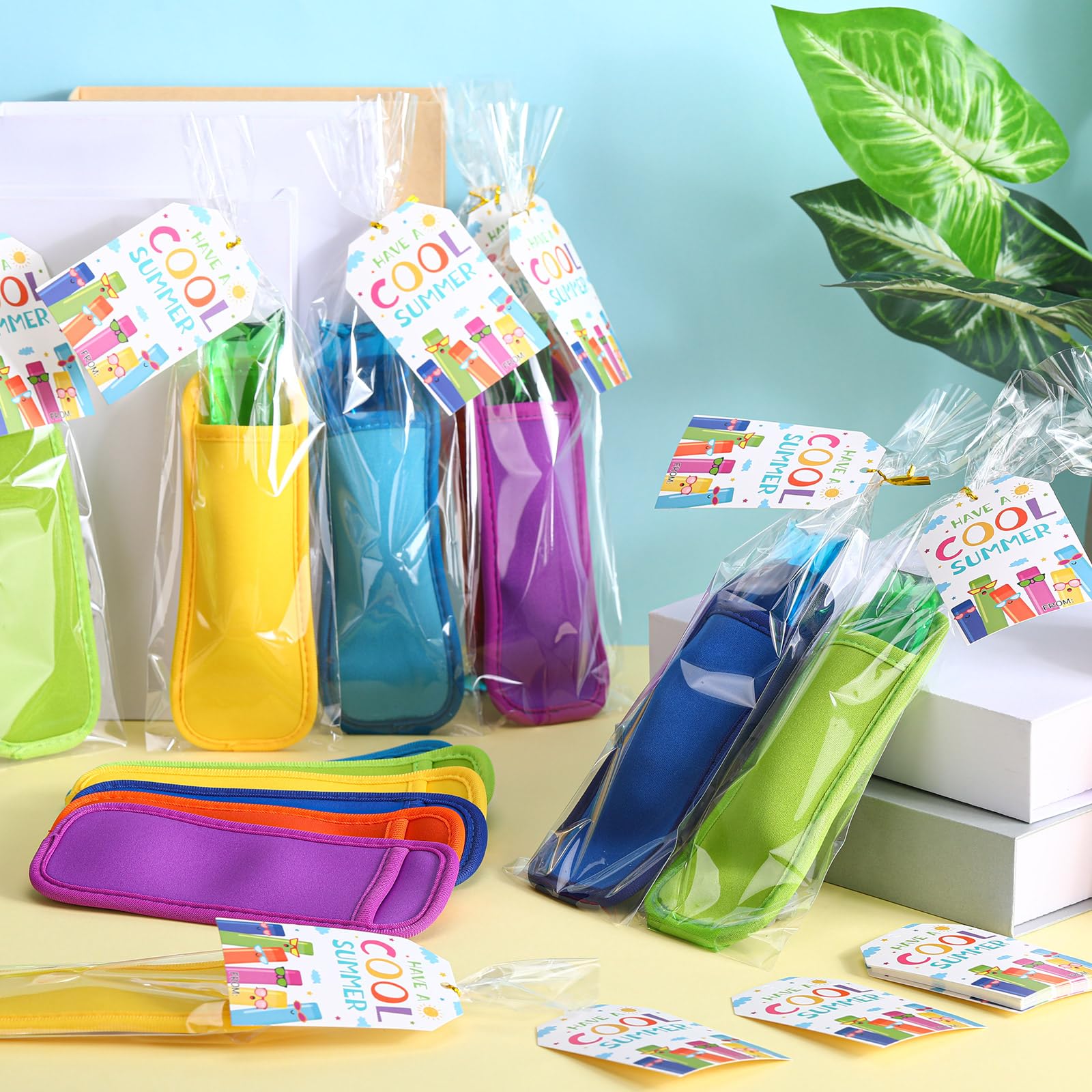 24/30 Pack End of School Year Gifts Reusable Ice Pop Sleeves with Gift Cards & Ribbon, Multicolor Washable Neoprene Popsicle Holders for Students, Classroom Prizes, Summer Favors
