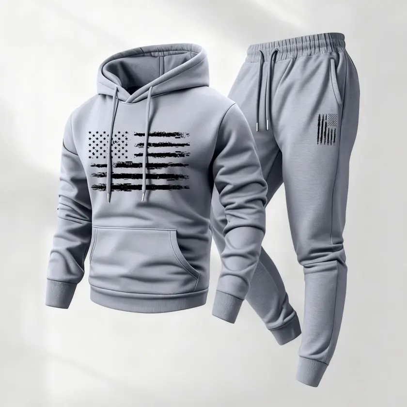 Men's 2-Piece Hooded American Flag Print Tracksuit - Polyester Long-Sleeve Jacket & Drawstring Sweatpants, Loose-Fitting Athletic Style Activewear, Smooth Normal Type Casual Gym Clothing, Machine Washable Fall/Winter Daily Wear Set