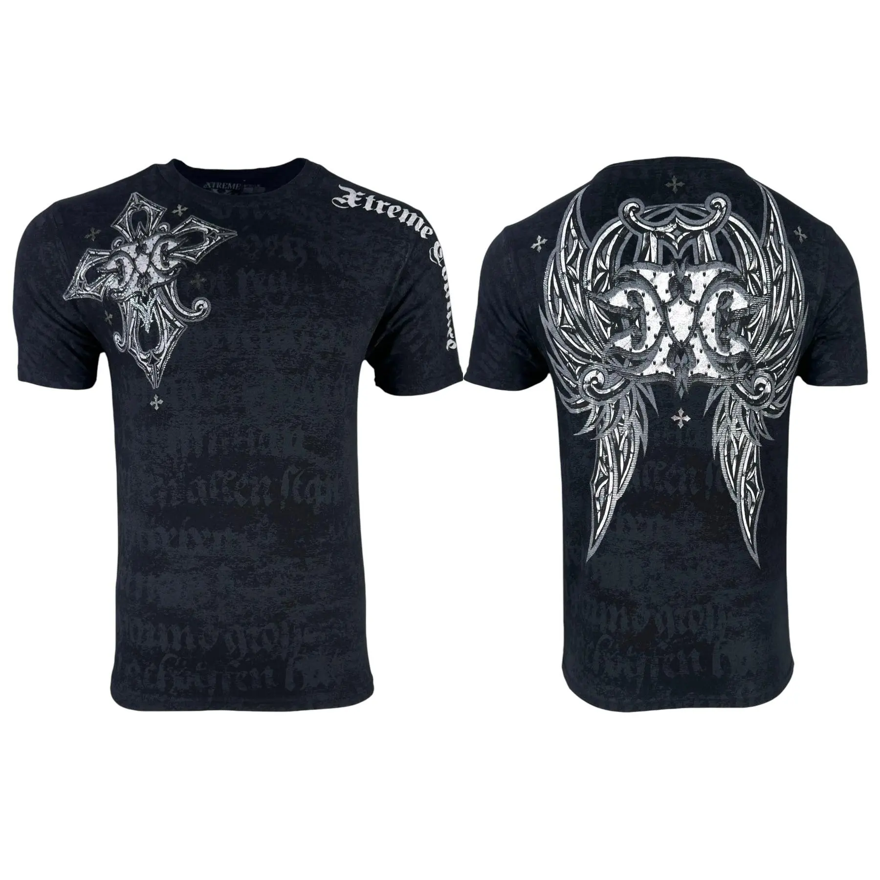 Xtreme Couture Men's 100% Cotton Fitted Casual Graphic Tee - Menswear Top, Short-Sleeve, Round Neck, Front & Back Art, Gothic Biker Streetwear, Full Print, Lightweight, Year-Round, Pull-On, Cold Wash