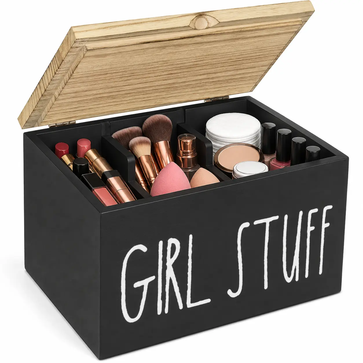 Classic Dustproof Flip Top Wooden Makeup Organizer Box - Modern Rectangular, Durable, 3-Compartment with Adjustable Removable Dividers, Vanity Holder for Beauty Skincare Products & Girl Stuff, Bedroom Home Storage Box for Guest Space