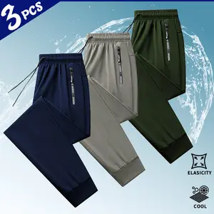 Summer | Ice Silk Casual Long Pants | 3-Pack | Work / Gym / Outing | Cooling Breathable Fabric | Unlined | Elastic Waist Jogger Style Outdoor Cargo Ankle Tapered Dress Wide-Leg Pleated Men's