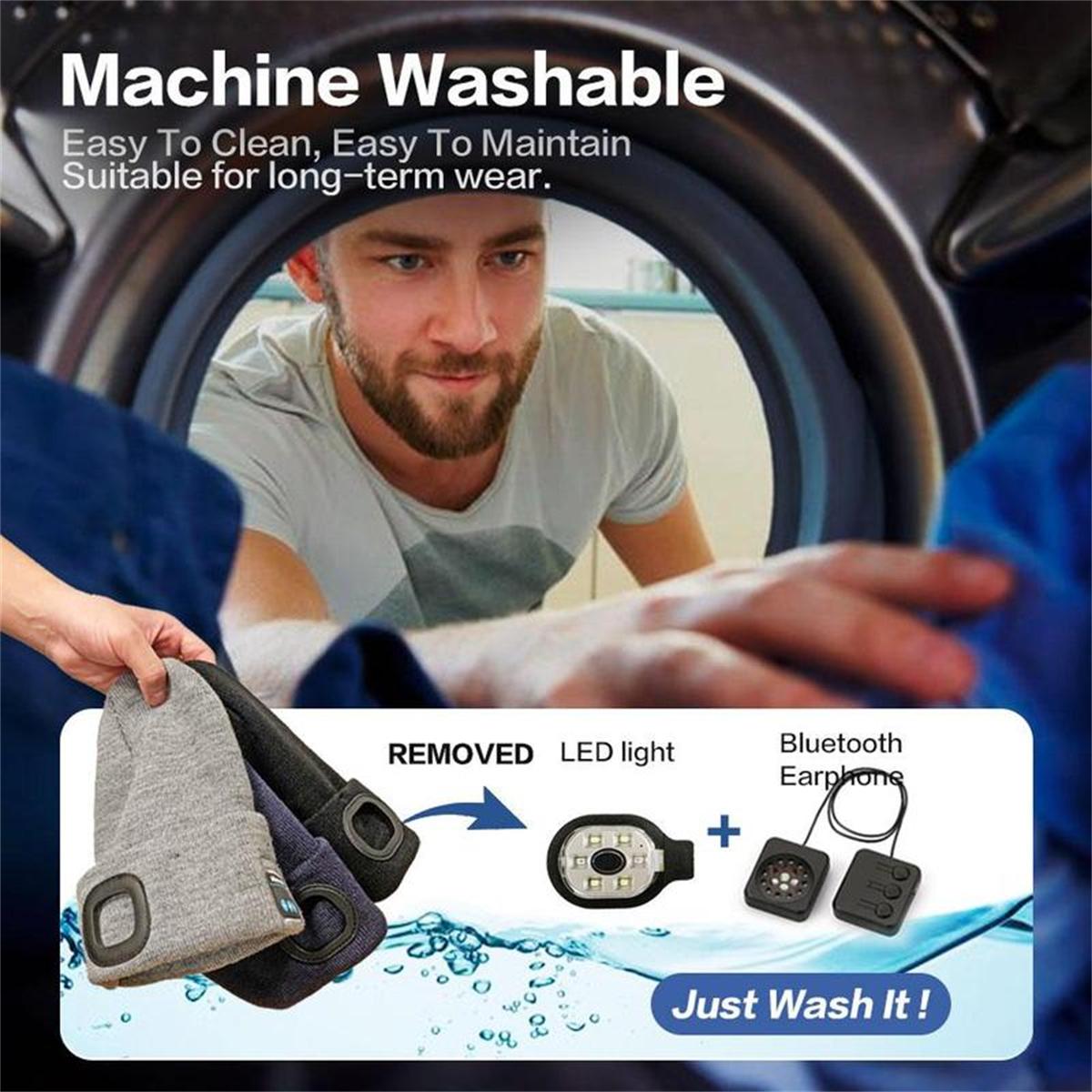 Bluetooth Beanie with a Light, Unisex USB Rechargeable 4 LED Fashlight Hat with Cordless Headphones, Unique Christmas Gifts - Black