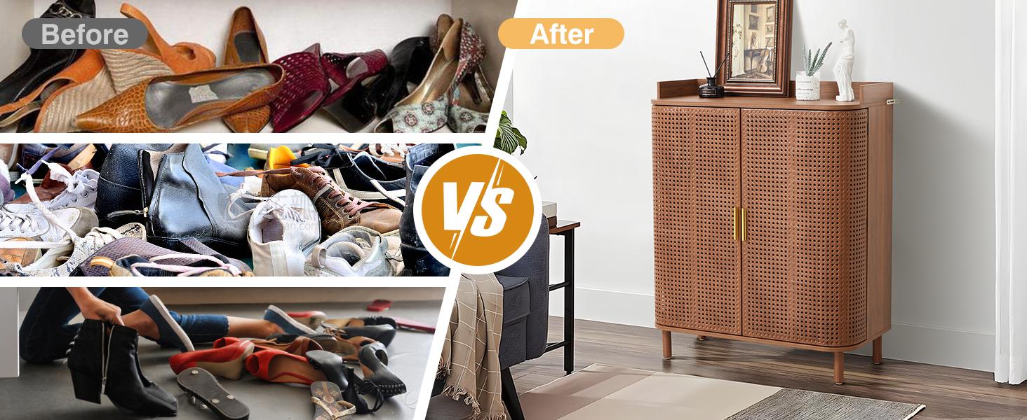 Giratree Shoe Cabinet, 5 Tier Boho Wooden Shoe Storage Organizer Cabinet with Adjustable Shelves, Shoes Rack with Iron Rattan Curved Doors Accent Cabinet for Entryway Hallway Living Room Giratree Shoe Cabinet, 5 Tier Boho Wooden Shoe Storage Organizer Cabinet with Adjustable Shelves, Shoes Rack with Iron Rattan Curved Doors Accent Cabinet for Entryway Hallway Living Room