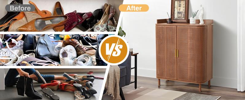 Giratree Shoe Cabinet, 5 Tier Boho Wooden Shoe Storage Organizer Cabinet with Adjustable Shelves, Shoes Rack with Iron Rattan Curved Doors Accent Cabinet for Entryway Hallway Living Room