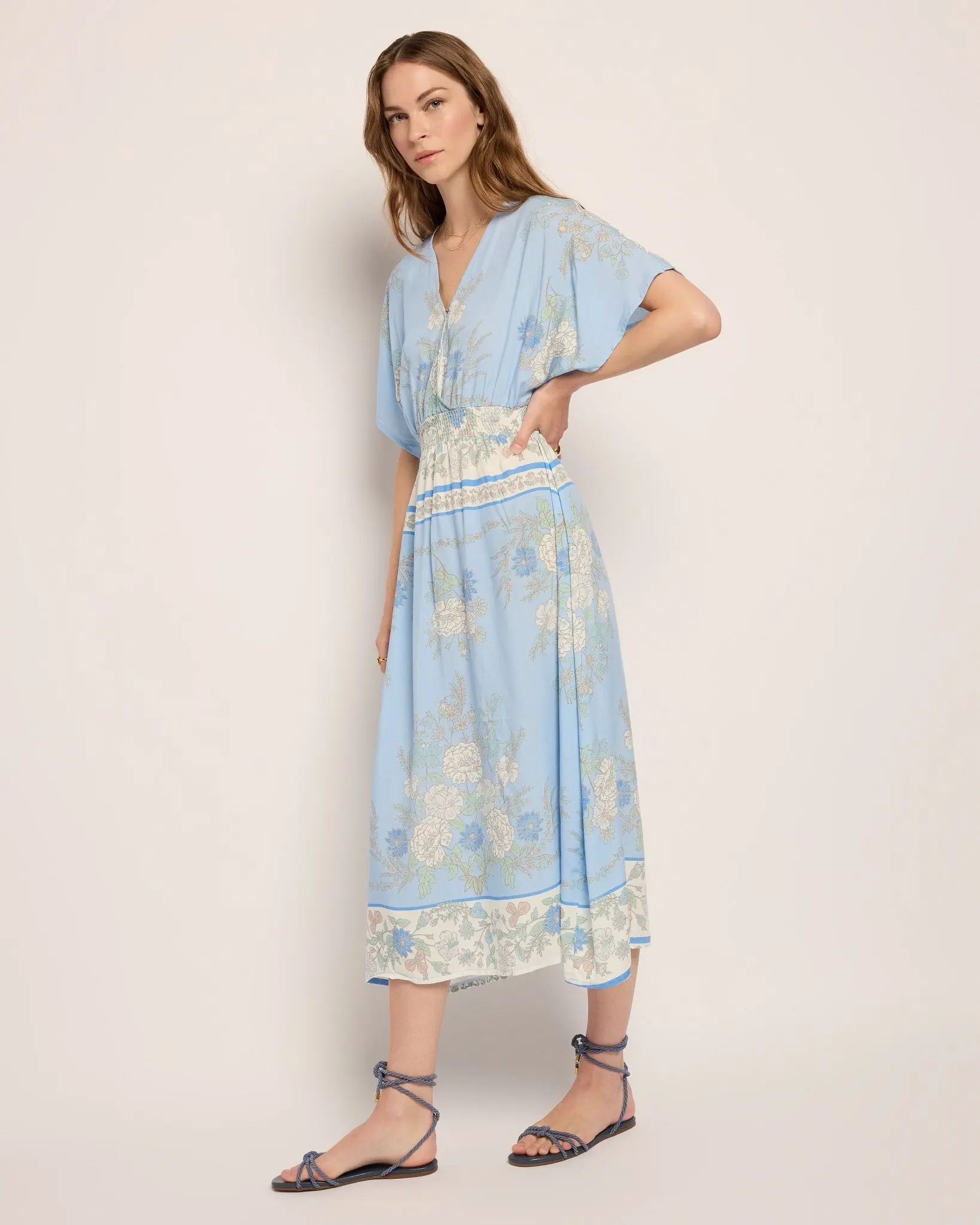 Women's Printed Rayon Midi Dress, Lightweight and Breathable Faux Wrap Style with Flowy Kimono Sleeves and Smocked Waist, Casual Wear, Piece, Floral