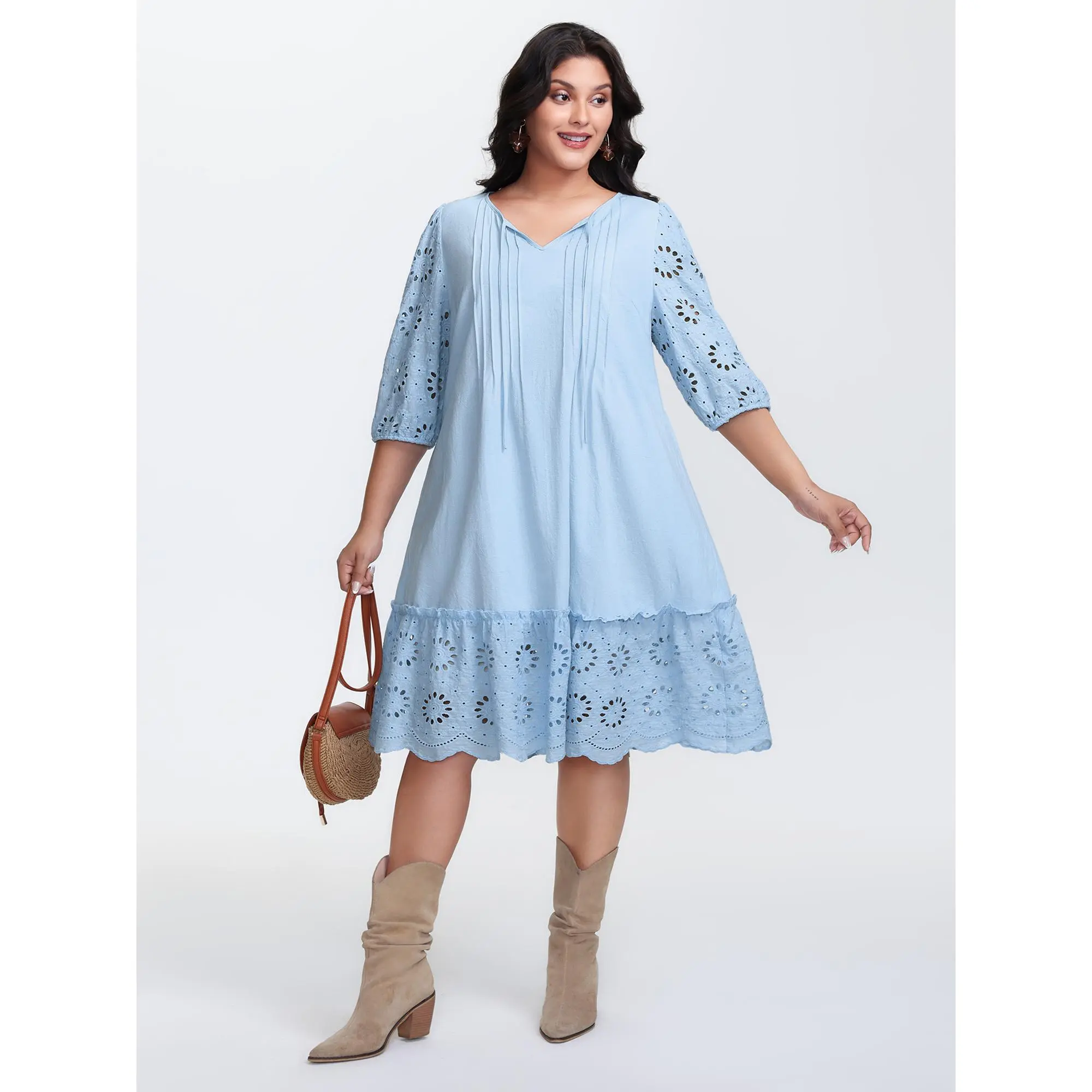 Women's Boho Midi Dress in 100% Cotton with Puff Sleeves and Tie-Knot Collar - Embroidered Knee-Length Summer Dress with Waist Cut-Out for Going Out, Smooth, Garment, Boho Fashion Dress
