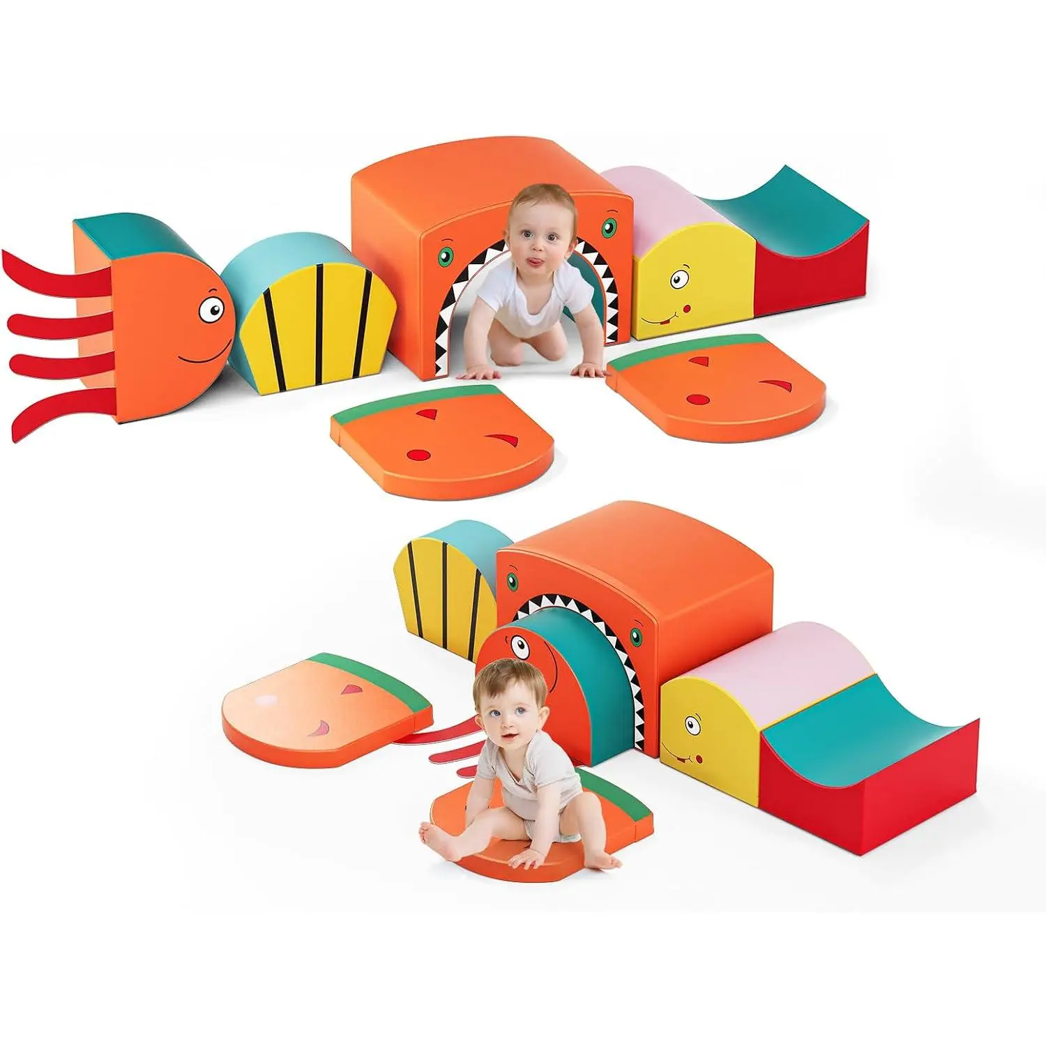 Foam Climbing Blocks for Toddlers, Shark Theme Baby Climbing Blocks Soft Play Climbing for Toddlers with Foldable Block and Tunnel Indoor Climbing Toys for Toddler 1-3, 6 Pieces